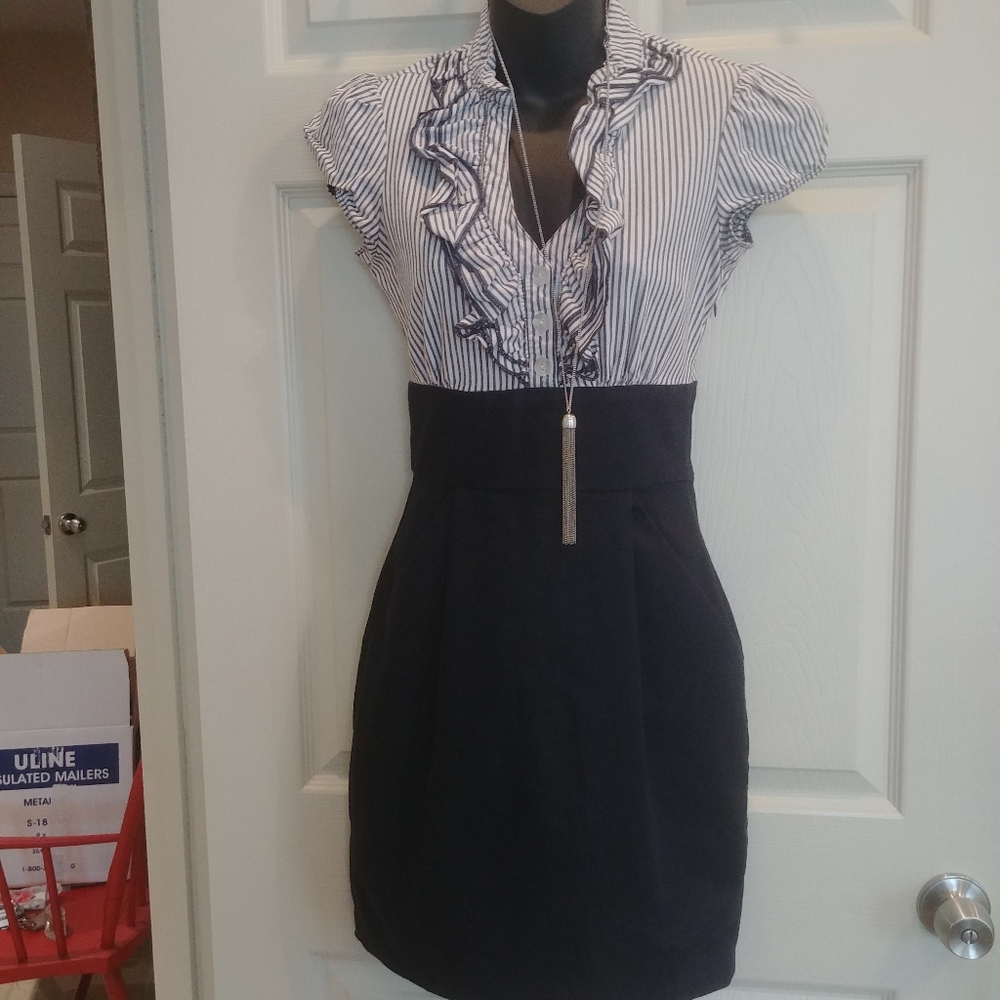 Deep-V Ruffle Sexy Librarian navy & white stripes colorblock Dress XS Love Tease